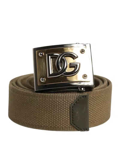 Pre-owned Dolce & Gabbana Military Green Nylon Logo Metal Buckle Men's Belt ()