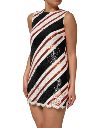 Dolce & Gabbana White And Orangesequin Floral Lace Embellished Shift Dress