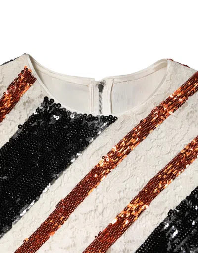 Dolce & Gabbana White And Orangesequin Floral Lace Embellished Shift Dress