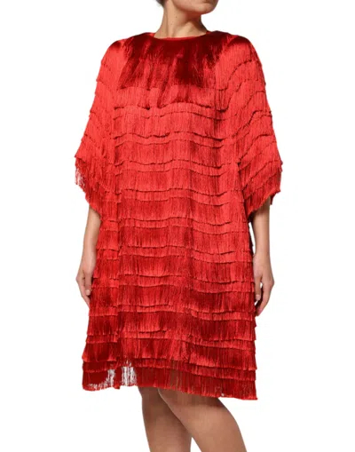 Dolce & Gabbana Red Silk Tiers Fringe Shift Knee Length Dress In Red