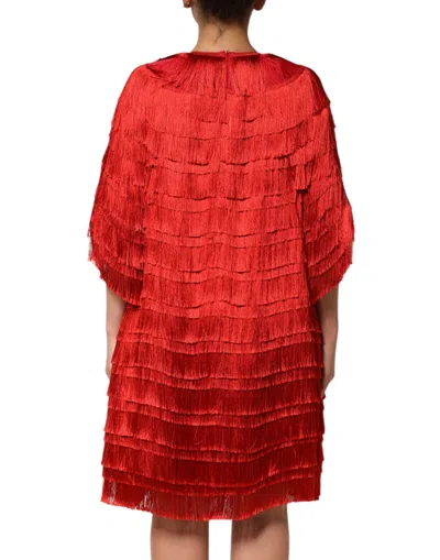 Dolce & Gabbana Red Silk Tiers Fringe Shift Knee Length Dress In Red