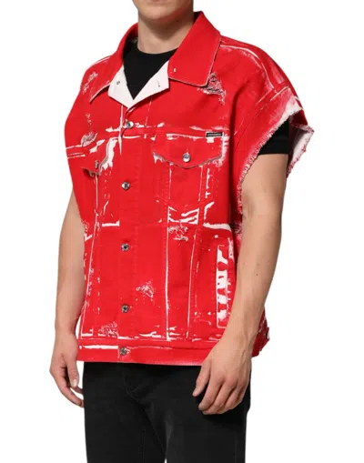 Pre-owned Dolce & Gabbana Red Sleeveless Logo Plaque Vest Men's Jacket ()
