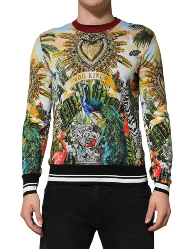 Dolce & Gabbana Tropical Heart Crown Silk Pullover Sweater In Multi