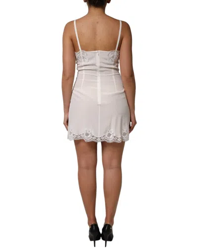 Dolce & Gabbana White Lace Dg Logo Silk Dress Women's Sleepwear In White