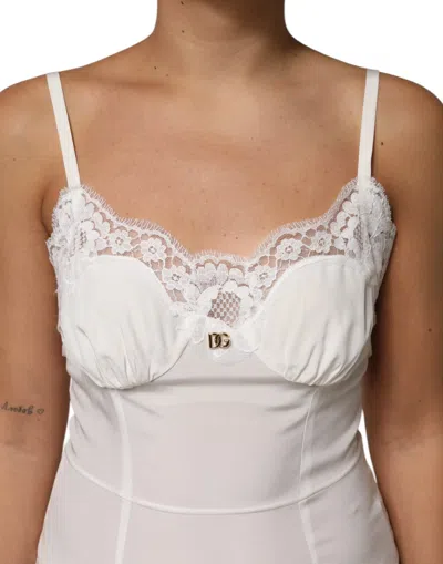 Dolce & Gabbana White Lace Dg Logo Silk Dress Women's Sleepwear In White