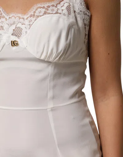 Dolce & Gabbana White Lace Dg Logo Silk Dress Women's Sleepwear In White