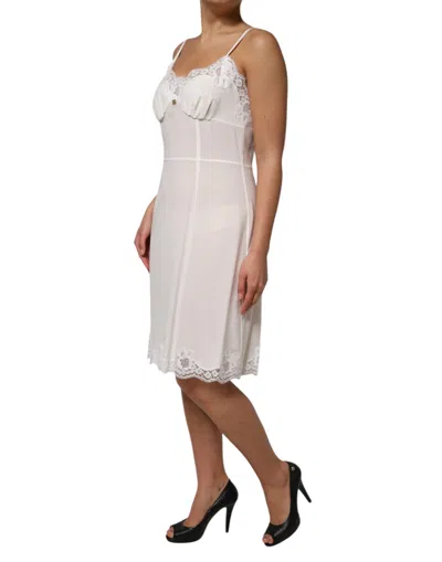 Dolce & Gabbana White Lace Gold Dg Logo Silk Dress Women's Sleepwear In Neutral