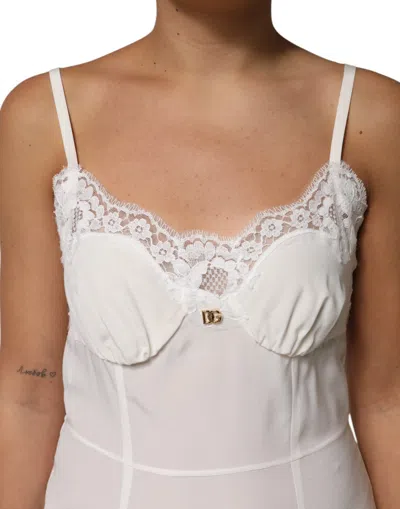 Dolce & Gabbana White Lace Gold Dg Logo Silk Dress Women's Sleepwear In Neutral