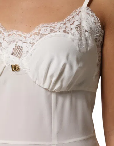 Dolce & Gabbana White Lace Gold Dg Logo Silk Dress Women's Sleepwear In Neutral