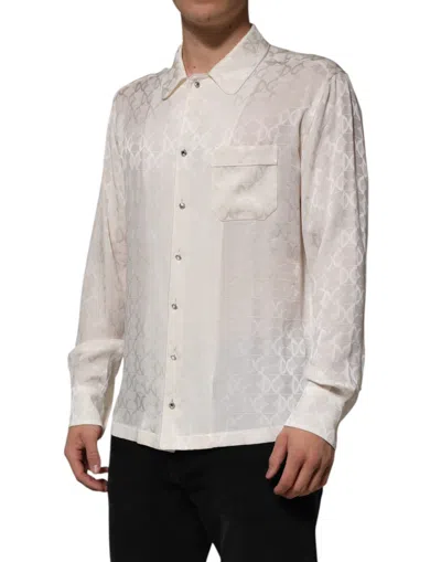 Dolce & Gabbana White Silk Dg Logo Print Long Sleeves Shirt In Neutral