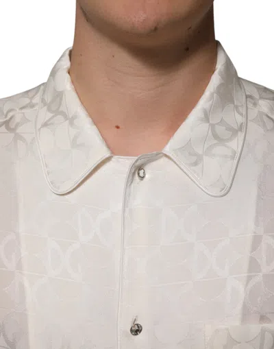 Dolce & Gabbana White Silk Dg Logo Print Long Sleeves Shirt In Neutral