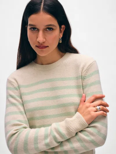 White & Warren Cashmere Striped Crewneck Top In Natural Heather/mint In Neutral
