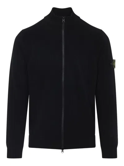 Stone Island Textured Knit Black Sweater With High Collar In Black