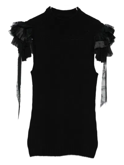 Alberta Ferretti Mock-neck Ruffle-shoulder Cashmere-wool Rib Tank Top In Black