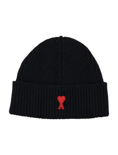 Ami Alexandre Mattiussi Black Beanie With Turn-up Brim And Adc Embroidery On The Front In Wool Man In Black