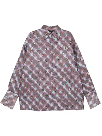 Dries Van Noten Checkered Long Sleeve Embroidered Top In Brown