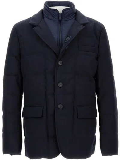 Fay Structured Double-breasted Down Jacket With Smooth Finish In Blue