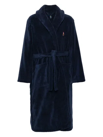 Polo Ralph Lauren Long-sleeved Shawl Robe In Plush Cotton In Blue