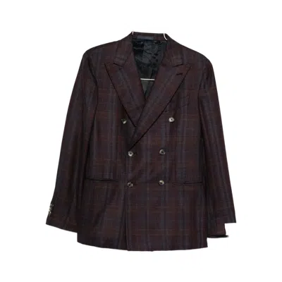 Caruso Double-breasted Checked Jacket In Brown