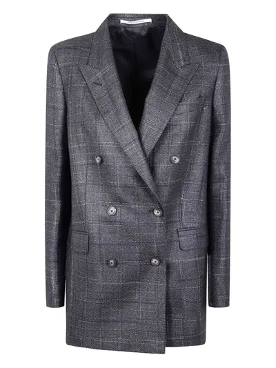 Tagliatore Black Double-breasted Checked Wool Blazer In Gray