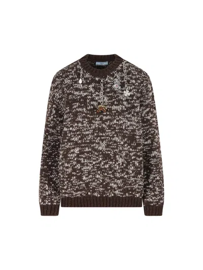 Prada Melange Wool Crewneck Sweater With Pendants In Brown