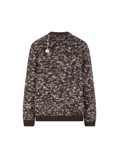 Prada Melange Wool Crewneck Sweater With Pendants In Brown