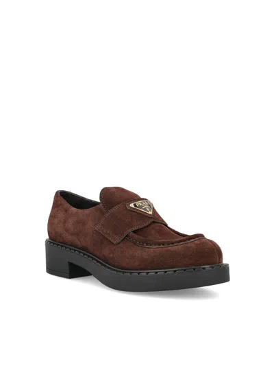 Prada Chocolate Suede Loafers In Brown