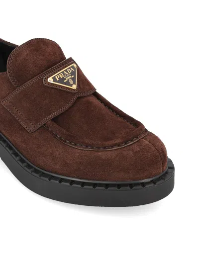 Prada Chocolate Suede Loafers In Brown