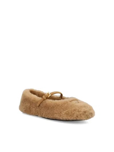 Prada Shearling Mary Jane Ballerina Flats In Brown