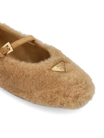 Prada Shearling Mary Jane Ballerina Flats In Brown