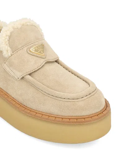 Prada Suede Loafers Featuring Platform Sole In Neutral