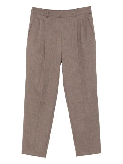 Emporio Armani Straight Trousers With Pleated Front And Pockets In Brown