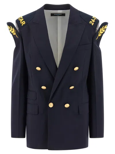 Dsquared2 Double-breasted Wool Blazer With Embroidered Hard Shoulders In Blue
