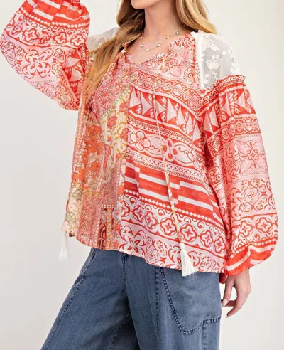 Easel Print Mix Loose Blouse In Orange In Red