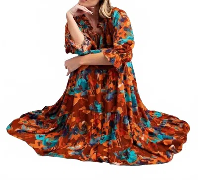Easel Fall Floral Print Ruffle Maxi Dress In Pumpkin In Multi