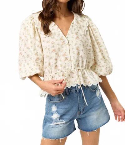 Lalavon Puff Sleeve Floral Top In Beige In Multi