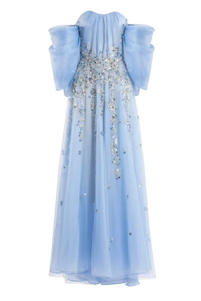 Saiid Kobeisy Organza Gown With Beading And Off Shoulder Sleeves In Blue