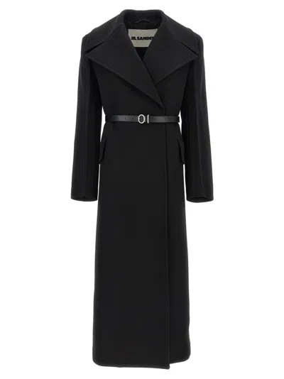 Jil Sander Long Coat With Belted Waist And Wide Lapels In Black
