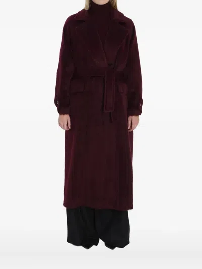 Max Mara Long Notched Lapel Coat With Side Pockets In Burgundy