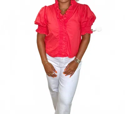 Merci Matera Ruffle Trim Puff Sleeves Blouse In Coral Red In Red