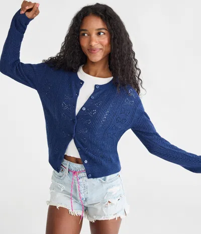 Aéropostale Pointelle Bow Crew Cardigan In Blue