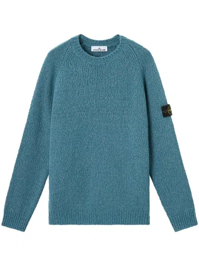 Stone Island Textured Knit Sweater With Distinctive Sleeve Patch In Blue