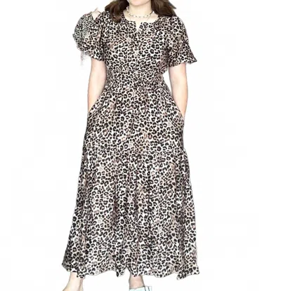 She + Sky Short Puff Sleeve Woven Leopard Tiered Midi Dress In Mocha In Brown