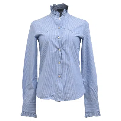 Nili Lotan Striped Buttoned Ruffled-neck Blouse In Blue Cotton In Blue