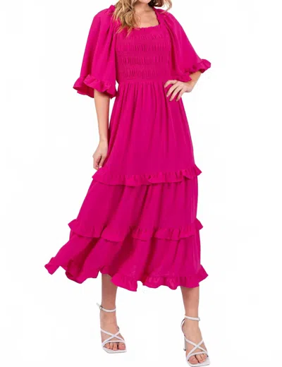 She + Sky Bell Sleeve Square Neck Smocked Tiered Midi Dress In Ruby Red In Pink