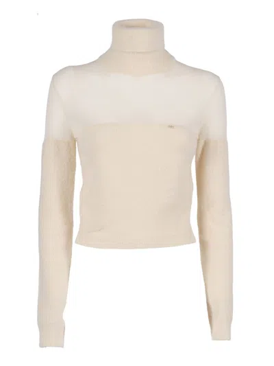 Elisabetta Franchi Finely Knit Sweater With Classic Round Neckline In Neutral
