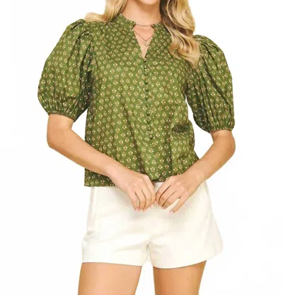 Pinch Pick Me First Floral Puff Sleeve Top In Olive In Green