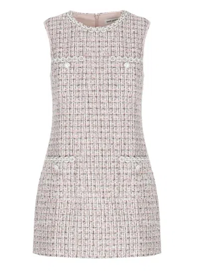 Self-portrait Intricately Textured Pink Boucle Dress With Strass Accents In White