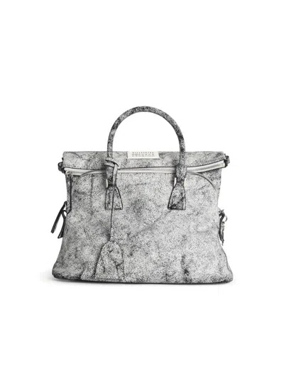 Maison Margiela '5ac' Black And White Cracked Leather Bag In White