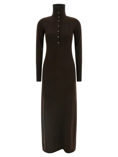 Tom Ford Neckline Dress With Button Detailing And Ribbed Texture In Brown
